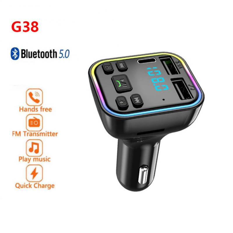 Automobilski FM odašiljač Bluetooth-5.0 Handsfree PD Type-C Dual USB 3.1A Brzi punjač MP3 player Modulator sa šarenim ambijentalnim svjetlom