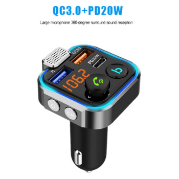 Автомобилен Bluetooth-съвместим 5.0 FM трансмитер One Key Bass Mp3 Player Голям микрофон USB Възпроизвеждане на музика QC3.0 PD18W Quick Charger