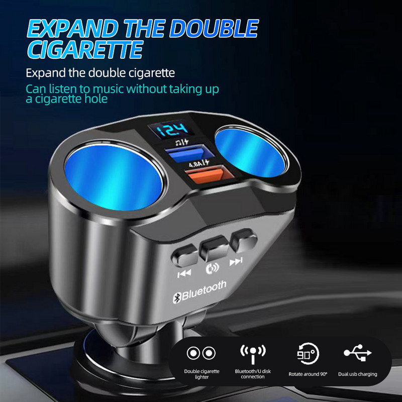 Transmițător FM Bluetooth 5.0 Priză 12V Brichetă Splitter Adaptor de alimentare USB dublu 4,8A Încărcător auto cu afișaj de tensiune