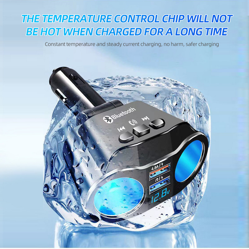 Transmițător FM Bluetooth 5.0 Priză 12V Brichetă Splitter Adaptor de alimentare USB dublu 4,8A Încărcător auto cu afișaj de tensiune