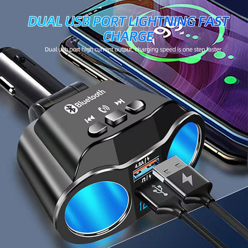Transmițător FM Bluetooth 5.0 Priză 12V Brichetă Splitter Adaptor de alimentare USB dublu 4,8A Încărcător auto cu afișaj de tensiune
