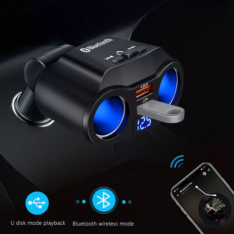 Transmițător FM Bluetooth 5.0 Priză 12V Brichetă Splitter Adaptor de alimentare USB dublu 4,8A Încărcător auto cu afișaj de tensiune