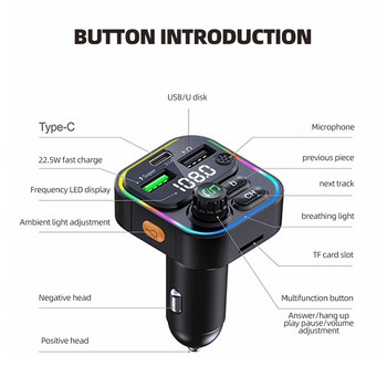 USB 22,5 W зарядно за кола Бързо зареждане Bluetooth безжичен хендсфри радио адаптер FM трансмитер със зарядно устройство Type-C Fm модулатор