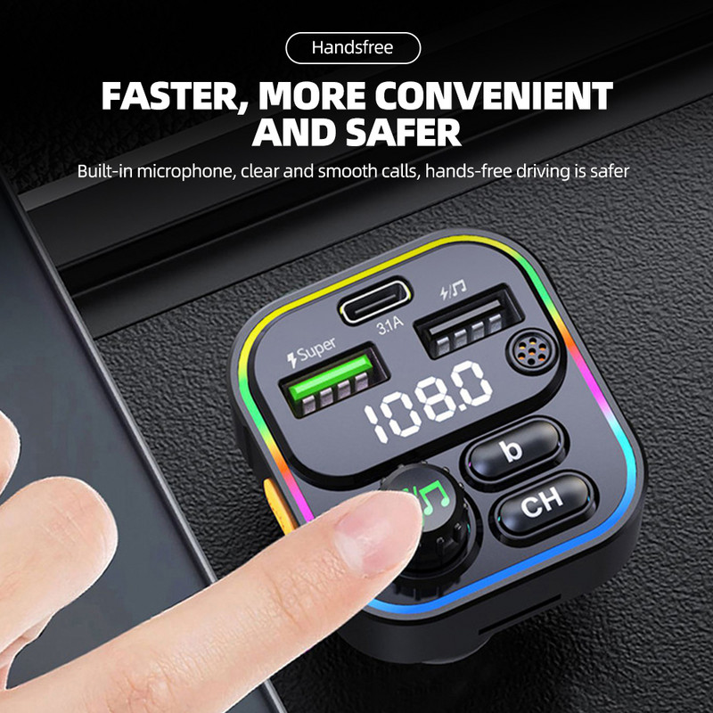 Încărcător de mașină USB 22,5 W Încărcare rapidă Bluetooth Wireless Handsfree Radio Adaptor Transmițător FM cu încărcător tip C Modulator FM