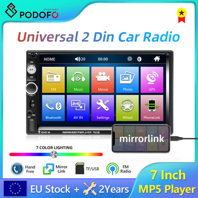 Podofo 2 Din Автомобилно радио Авторадио Универсално 7" Mirrorlink Радио Мултимедиен плейър 4G GPS MP5 за VW Nissan Hyundai SW FMTF