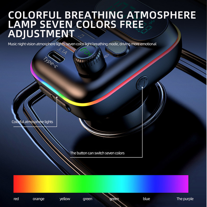 Automobilski Bluetooth 5.0 FM odašiljač Dual USB QC3.0 PD tip C Auto punjač Ambijentalno svjetlo Handsfree Mp3 glazbeni player Podrška TF kartica