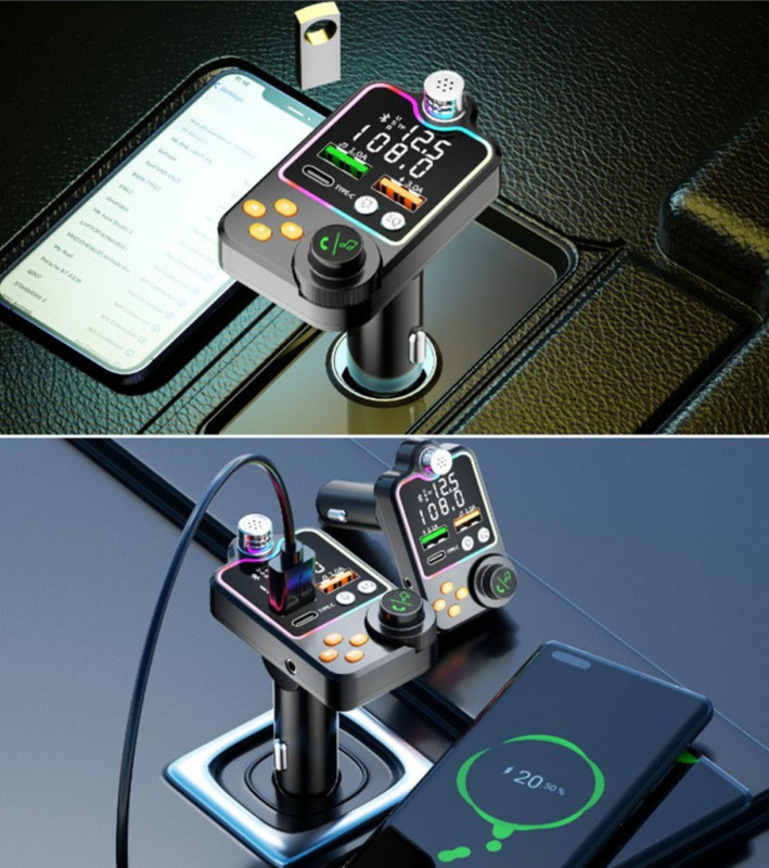 Bluetooth 5.0 vezeték nélküli FM adó gyorstölthető nagy mikrofon egygombos basszus MP3 lejátszó kétképernyős kijelzős audiolejátszó