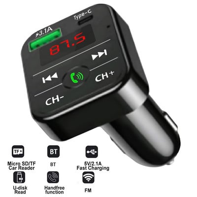 Автомобилен Bluetooth 5.0 FM трансмитер Безжичен хендсфри аудио приемник Автоматичен MP3 плейър 2.1A USB тип C Бързо зарядно устройство Автомобилни аксесоари