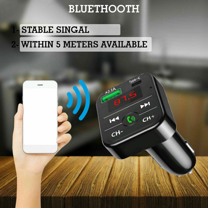 Autós Bluetooth 5.0 FM adó vezeték nélküli kihangosító audio vevő Auto MP3 lejátszó 2.1A USB Type C gyorstöltő Autós tartozékok