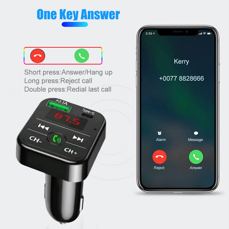 Autós Bluetooth 5.0 FM adó vezeték nélküli kihangosító audio vevő Auto MP3 lejátszó 2.1A USB Type C gyorstöltő Autós tartozékok