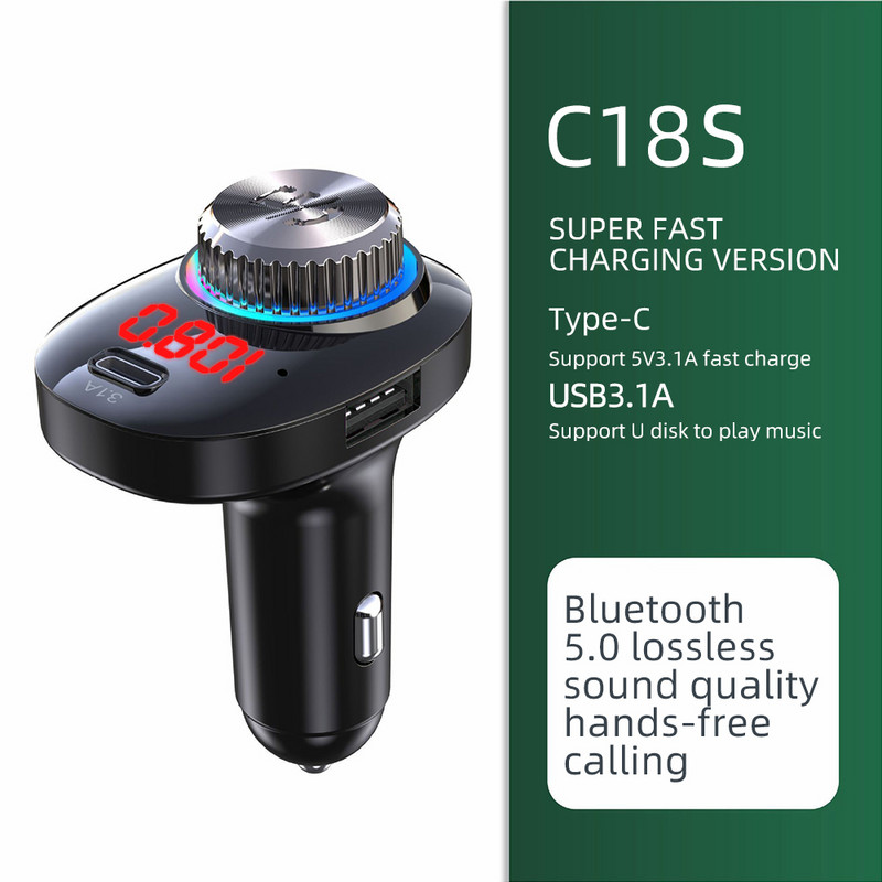 Punjač za automobil USB tip C 5V 3.1A FM odašiljač Bluetooth adapter Bežični handsfree poziv Stereo Mp3 player s ambijentalnim svjetlom