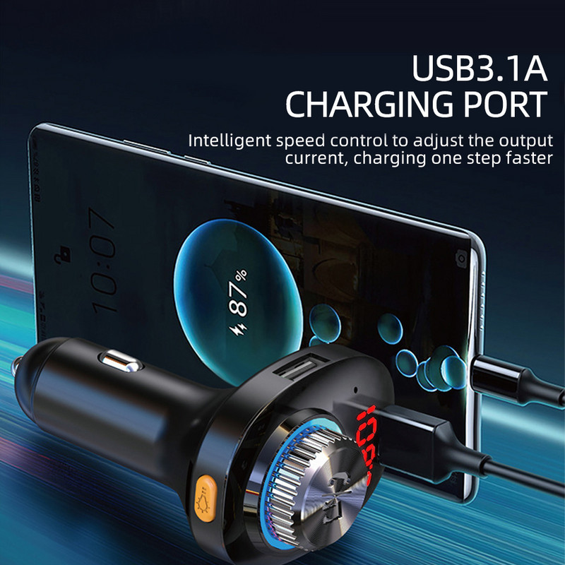 Punjač za automobil USB tip C 5V 3.1A FM odašiljač Bluetooth adapter Bežični handsfree poziv Stereo Mp3 player s ambijentalnim svjetlom