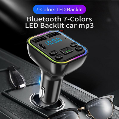 Автомобилно Bluetooth 5.0 зарядно FM трансмитер PD 18W Type-C Dual USB 4.2A Цветна околна светлина Запалка MP3 музикален плейър