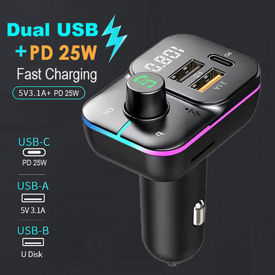 FM odašiljač Bluetooth 5.0 Dual USB 3.1A +Type C Brzi punjač Handsfree TF kartica U-Disk AUX Komplet za reprodukciju glazbe za auto radio