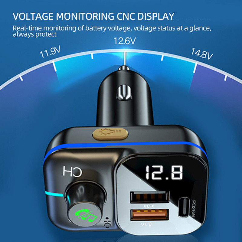 FM odašiljač Bluetooth 5.0 Dual USB 3.1A +Type C Brzi punjač Handsfree TF kartica U-Disk AUX Komplet za reprodukciju glazbe za auto radio