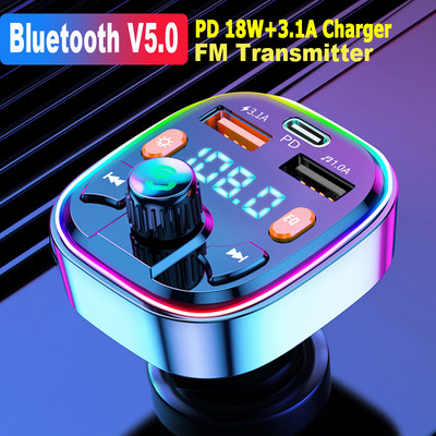 Bluetooth FM odašiljač QC 3.0+PD Tip C LED pozadinsko osvjetljenje Auto MP3 U Disk Player Handsfree Auto Kit Voltmetar Dual USB Brzi punjač