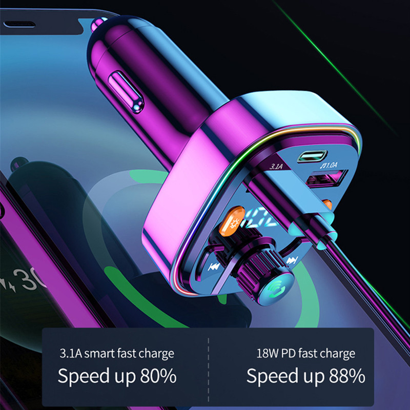 Bluetooth FM adó QC 3.0+PD Type C LED háttérvilágítás autós MP3 U lemezlejátszó kihangosító autós készlet Voltmérő Dupla USB gyorstöltő