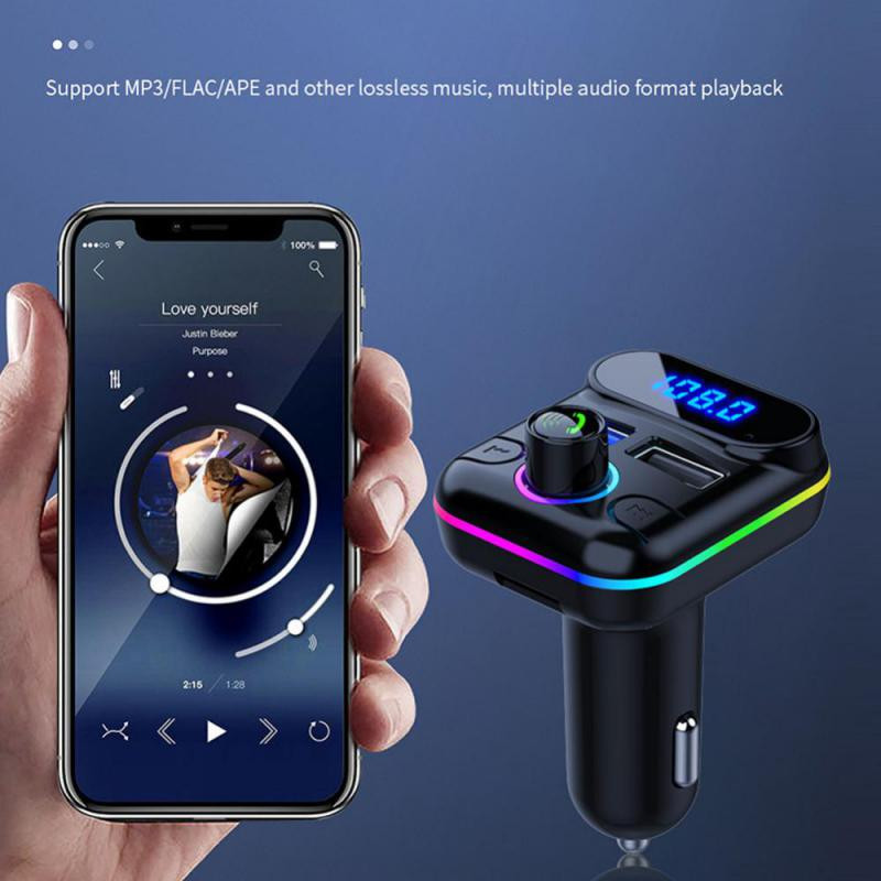 Autós Bluetooth-5.0 FM adó autós készlet kihangosító MP3 lejátszó modulátor audio vevő támogatás U-disk TF légköri lámpával