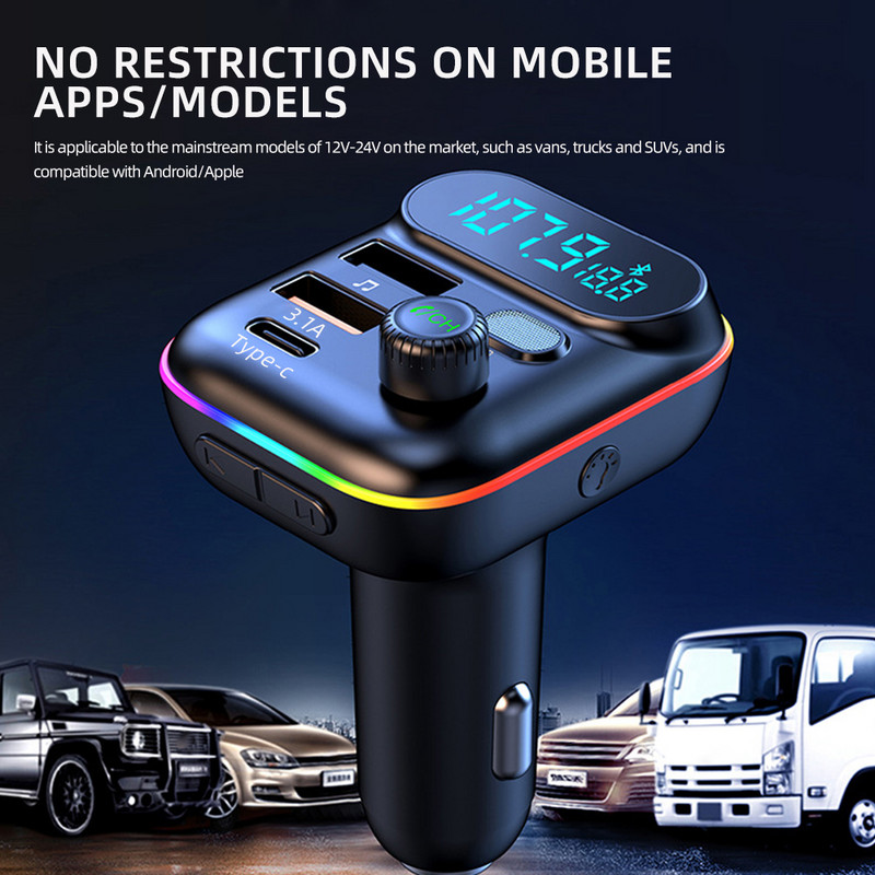 C29 Autós Bluetooth 5.0 FM adó QC3.0 PD Type C Dual USB autós töltő Környezeti világítás Kihangosító MP3 lejátszó támogatás TF kártya