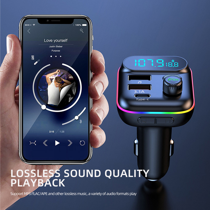 C29 Autós Bluetooth 5.0 FM adó QC3.0 PD Type C Dual USB autós töltő Környezeti világítás Kihangosító MP3 lejátszó támogatás TF kártya