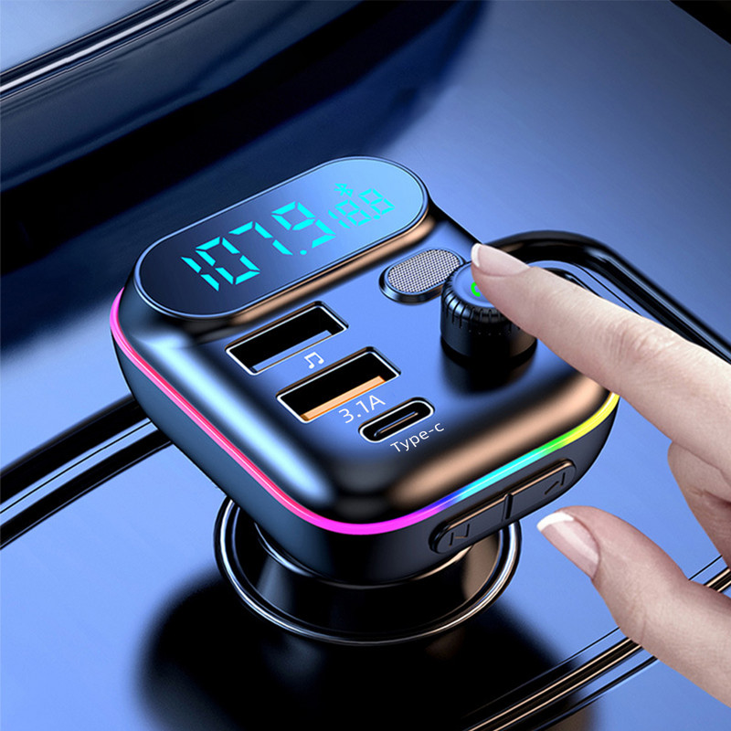 C29 Autós Bluetooth 5.0 FM adó QC3.0 PD Type C Dual USB autós töltő Környezeti világítás Kihangosító MP3 lejátszó támogatás TF kártya
