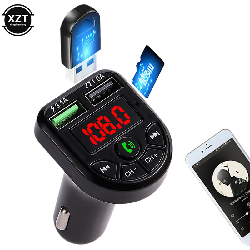 E5 autós Bluetooth 5.0 FM adó LED fényű autós készlettel, dupla USB autós töltővel MP3 autós okos zenelejátszó autós kiegészítők
