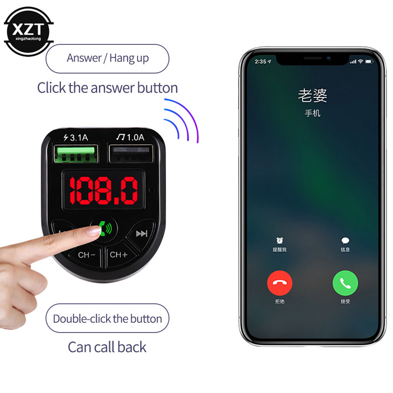 E5 autós Bluetooth 5.0 FM adó LED fényű autós készlettel, dupla USB autós töltővel MP3 autós okos zenelejátszó autós kiegészítők