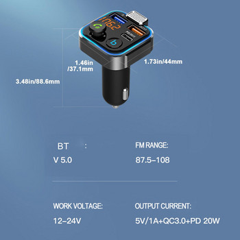 Автомобилен Bluetooth-съвместим 5.0 FM трансмитер One Key Bass Mp3 Player Голям микрофон USB Възпроизвеждане на музика QC3.0 PD20W Quick Charger