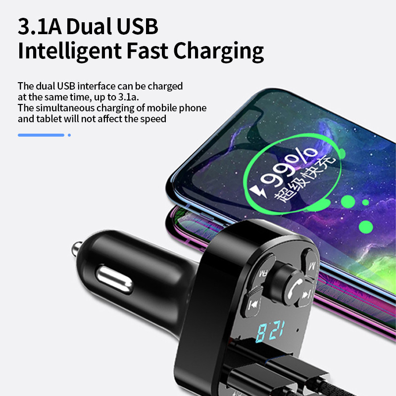 Autós kihangosító Bluetooth-kompatibilis 5.0 FM adó autós lejátszókészlet kártya autós töltő gyors QC3.0 dupla USB feszültségmérővel Új