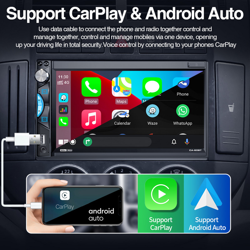 Radio universal de 7 inchi CarPlay și player multimedia Android Auto FM MP5 Bluetooth GPS Navigare pentru Nissan Toyota VW Honda