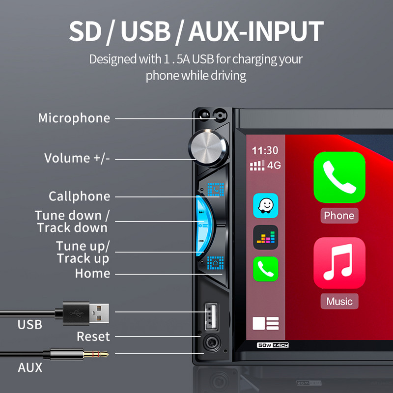 Radio universal de 7 inchi CarPlay și player multimedia Android Auto FM MP5 Bluetooth GPS Navigare pentru Nissan Toyota VW Honda