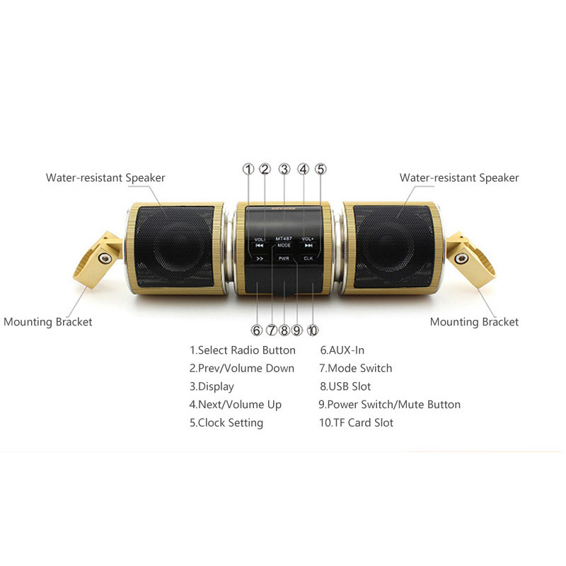 Motorkerékpár EDR audio hangszóró vízálló motorkerékpár sztereó FM rádió AUX USB TF kártya Bluetooth kompatibilis MP3 lejátszó MT487