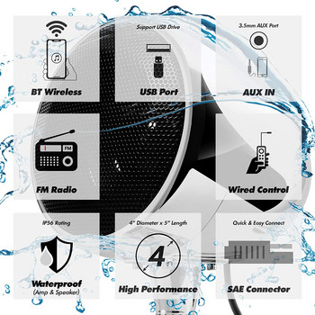 300W αδιάβροχος ενισχυτής 2CH Ηχοσύστημα Μοτοσικλέτας Εξωτερικά ATV/UTV Στερεοφωνικά ηχεία Bluetooth με ραδιόφωνο FM, USB, AUX MP3