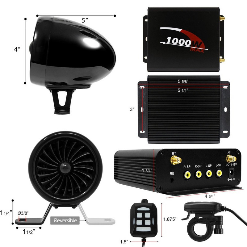 Amplificator Multmedia 1000W Bluetooth Motocicletă Stereo 4 difuzoare Sistem de redare audio MP3, suport radio FM, USB, card SD, AUX