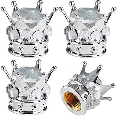 4 gab Crown Riepu vārsta kāta vāciņi Bling Crystal Rhinestone Universal Chrome Crown Transportlīdzekļu riepu vāciņi Pārsegi Automašīnas Aksesuāri