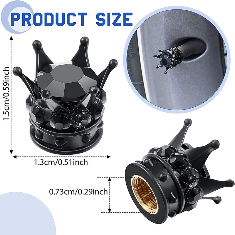 4 vnt Crown Tire vožtuvo koto dangteliai Bling Crystal Kalnų krištolas Universalus Chrome Crown Automobilių padangų dangteliai Automobilių priedai