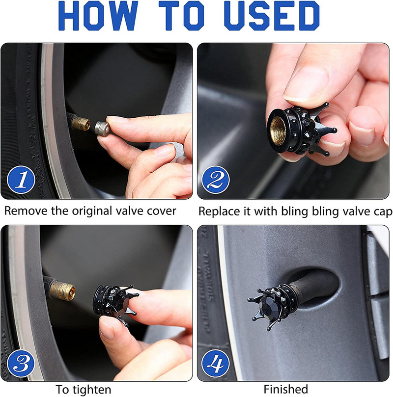4 vnt Crown Tire vožtuvo koto dangteliai Bling Crystal Kalnų krištolas Universalus Chrome Crown Automobilių padangų dangteliai Automobilių priedai