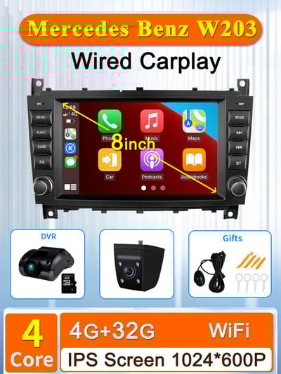 8 inch Android Car Multimedia Player Radio GPS pentru Mercedes Benz C-Class W203/CLC CarPlay AUTO Wifi 4G 8Core Navi Stereo BT