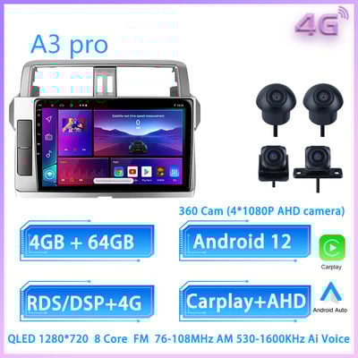 JIULUNET 8 nuclee Radio Auto Android 12 pentru Toyota Land Cruiser Prado 150 2013 - 2017 Player Multimedia Navigare Carplay AUTO