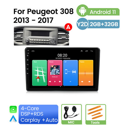 Android 11 autórádió Peugeot 308 T9 308S 2 DIN 2013-2017-hez 8 magos GPS WiFi+4G járműlejátszó Carplay+Auto DSP RDS