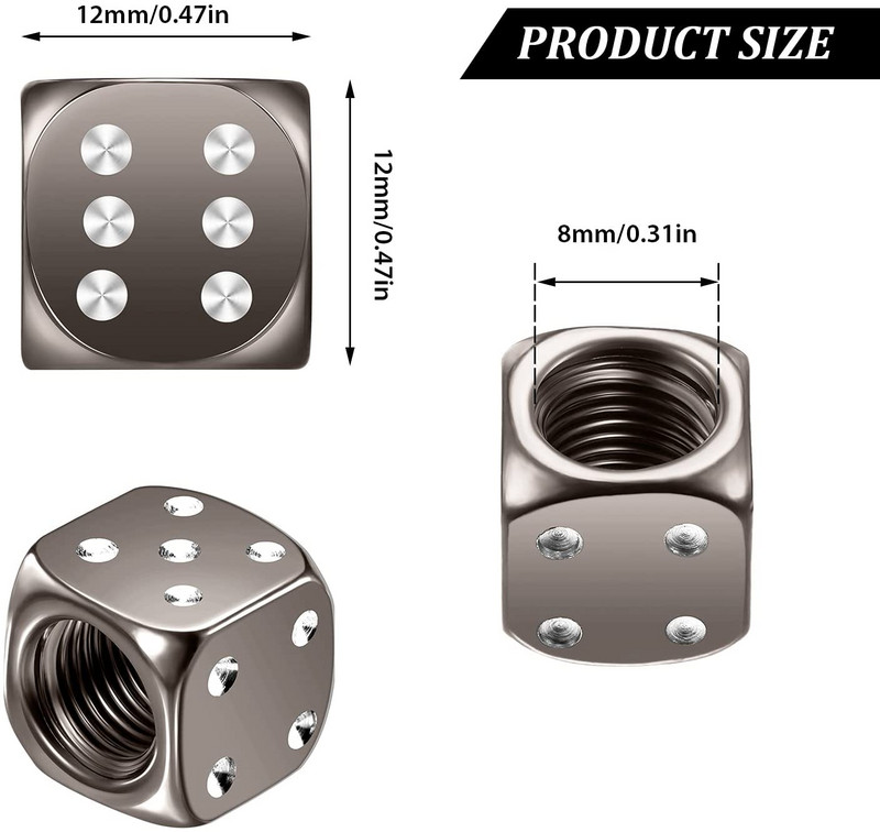 4Pcs Dice Style Kapice ventila za gume za automobile Motocikli Bicikli Kapice za bradavice od aluminijske legure Ventil za zrak u gumama Kapice kotača otporne na prašinu