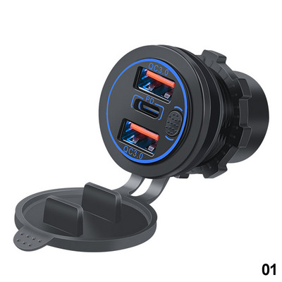 68 W-os kettős QC 3.0 USB és PD Type-C három aljzatú, 12-24 V-os autós töltő érintéskapcsolóval vízálló autós tengeri lakóautóhoz