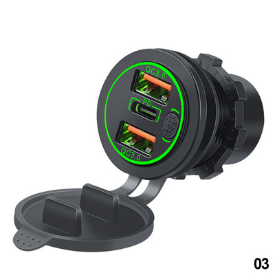 68 W-os kettős QC 3.0 USB és PD Type-C három aljzatú, 12-24 V-os autós töltő érintéskapcsolóval vízálló autós tengeri lakóautóhoz