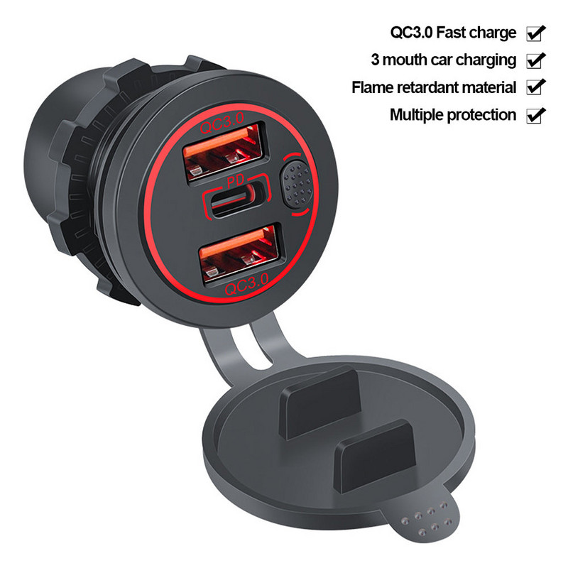 68 W-os kettős QC 3.0 USB és PD Type-C három aljzatú, 12-24 V-os autós töltő érintéskapcsolóval vízálló autós tengeri lakóautóhoz