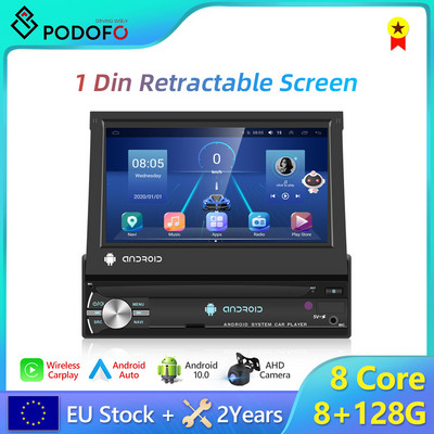 Podofo Autoradio 1 DIN Android automašīnas radio CarPlay GPS 7 collu manuāls IPS izvelkams ekrāns, universāls automašīnas multivides atskaņotājs