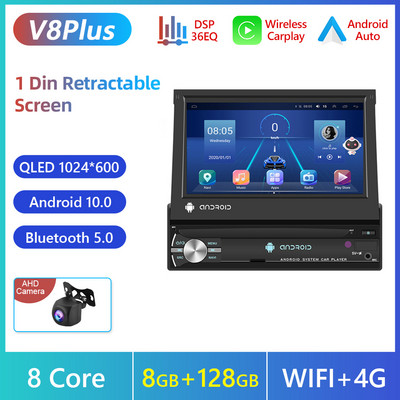 Podofo Autoradio 1 DIN Android autoraadio CarPlay GPS 7" manuaalne IPS sissetõmmatav ekraan universaalne auto multimeediumipleier