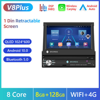 Podofo Autoradio 1 DIN Android autoraadio CarPlay GPS 7" manuaalne IPS sissetõmmatav ekraan universaalne auto multimeediumipleier