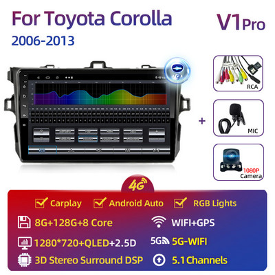 Toyota Corolla 2006-2013 multimédiás videó lejátszóhoz Carplay Android Auto 13" autós sztereó rádiós navigációs GPS 2 Din 4G WiFi