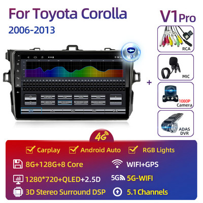 Toyota Corolla 2006-2013 multimédiás videó lejátszóhoz Carplay Android Auto 13" autós sztereó rádiós navigációs GPS 2 Din 4G WiFi