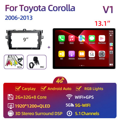 Toyota Corolla 2006-2013 multimédiás videó lejátszóhoz Carplay Android Auto 13" autós sztereó rádiós navigációs GPS 2 Din 4G WiFi